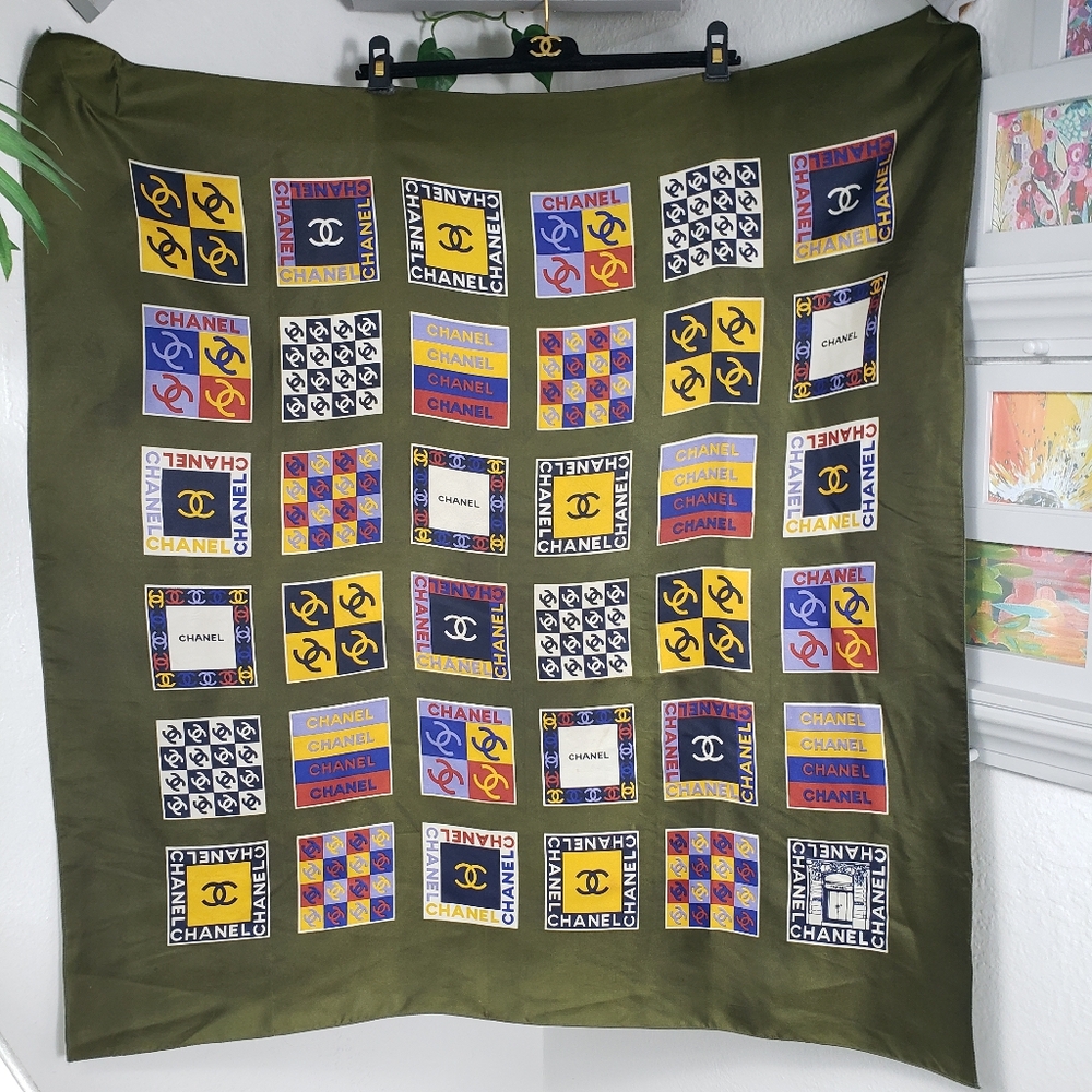CHANEL BIG Olive Green Scarf w/ Multicolor Logo Squares 34x34